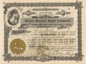 United Electric Light Co.  - 1913 dated Stock Certificate