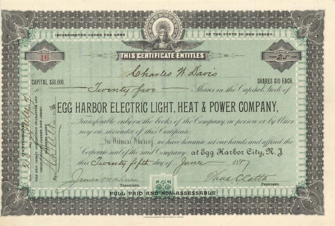 Egg Harbor Electric Light, Heat and Power Co. - 1897 dated Stock Certificate