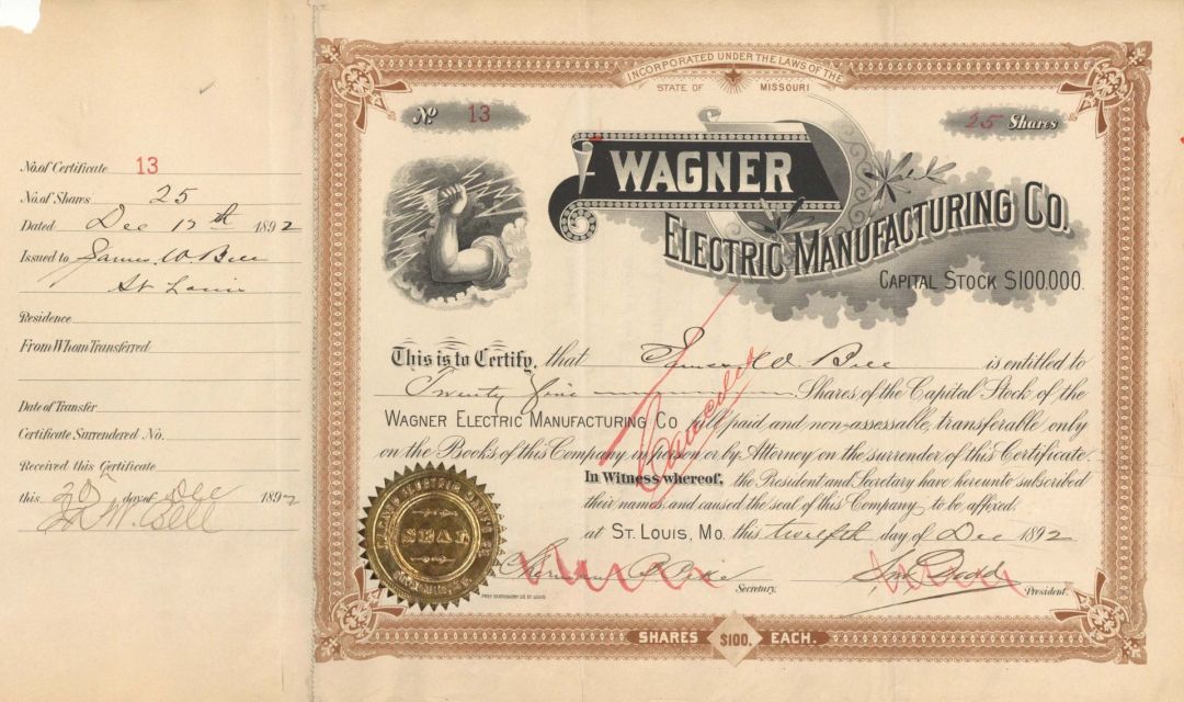 Wagner Electric Manufacturing Co. - 1892 dated Stock Certificate