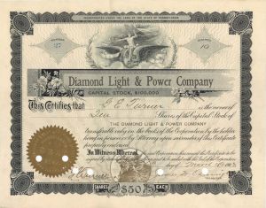 Diamond Light and Power Co. - 1903 dated Stock Certificate