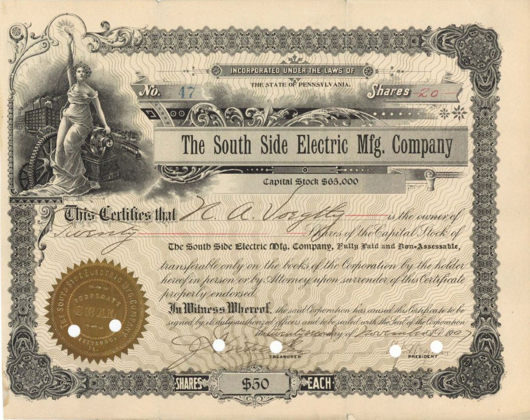 South Side Electric Mfg. Co. - 1907 dated Stock Certificate