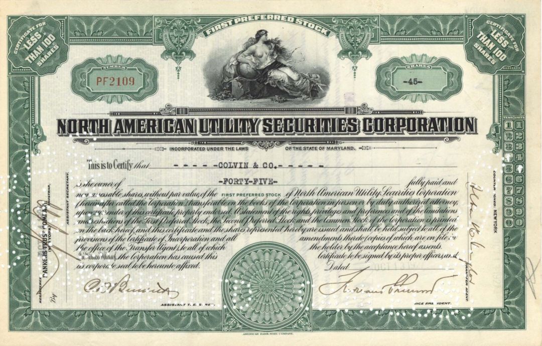 North American Utility Securities Corp. - 1920's dated Stock Certificates