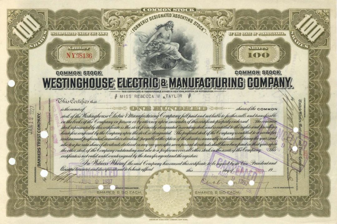 Westinghouse Electric and Manufacturing Co. - 1927 dated Stock Certificates