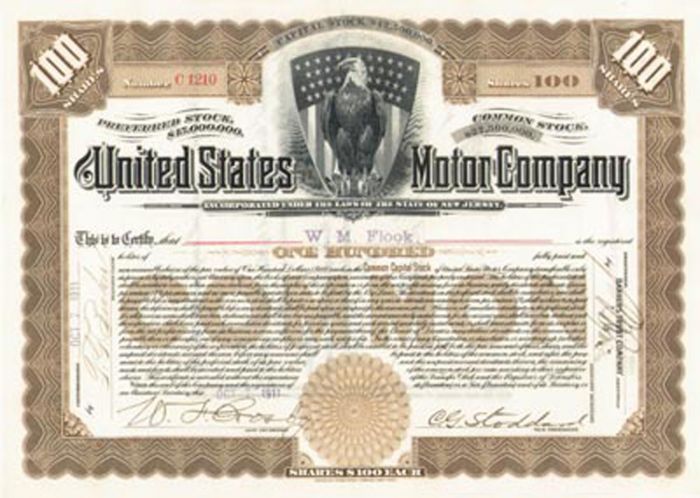 United States Motor Co. - Stock Certificate (Uncanceled)