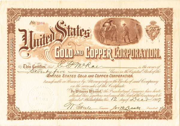 United States Gold and Copper Corporation - Stock Certificate