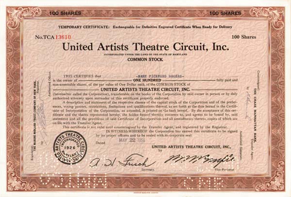 Mary Pickford - United Artists Theatre Circuit - Stock Certificate