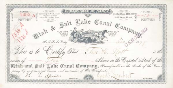 Utah and Salt Lake Canal Co. - Stock Certificate