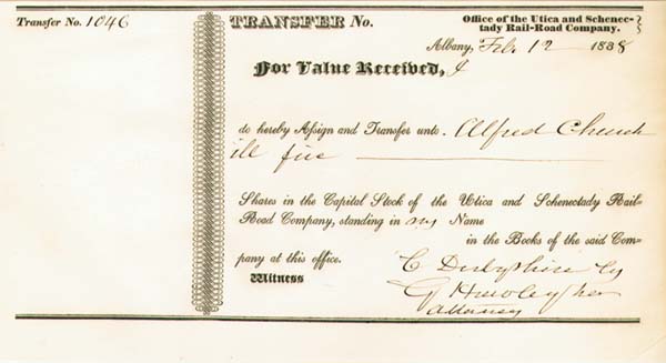 Utica and Schenectady Railroad - 1830's dated Stock Transfer