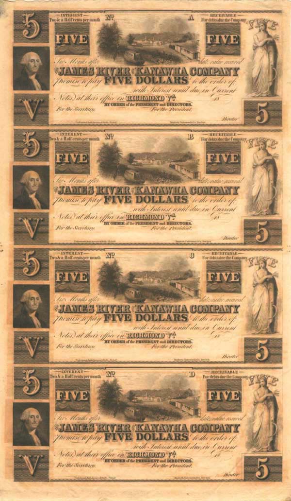 James River and Kanawha Co. Uncut Obsolete Sheet - Broken Bank Notes