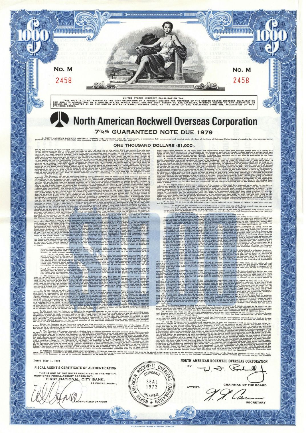 North American Rockwell Overseas Corp. - 1972 dated $1,000 Bond - Aircraft, Defense and Space Industry