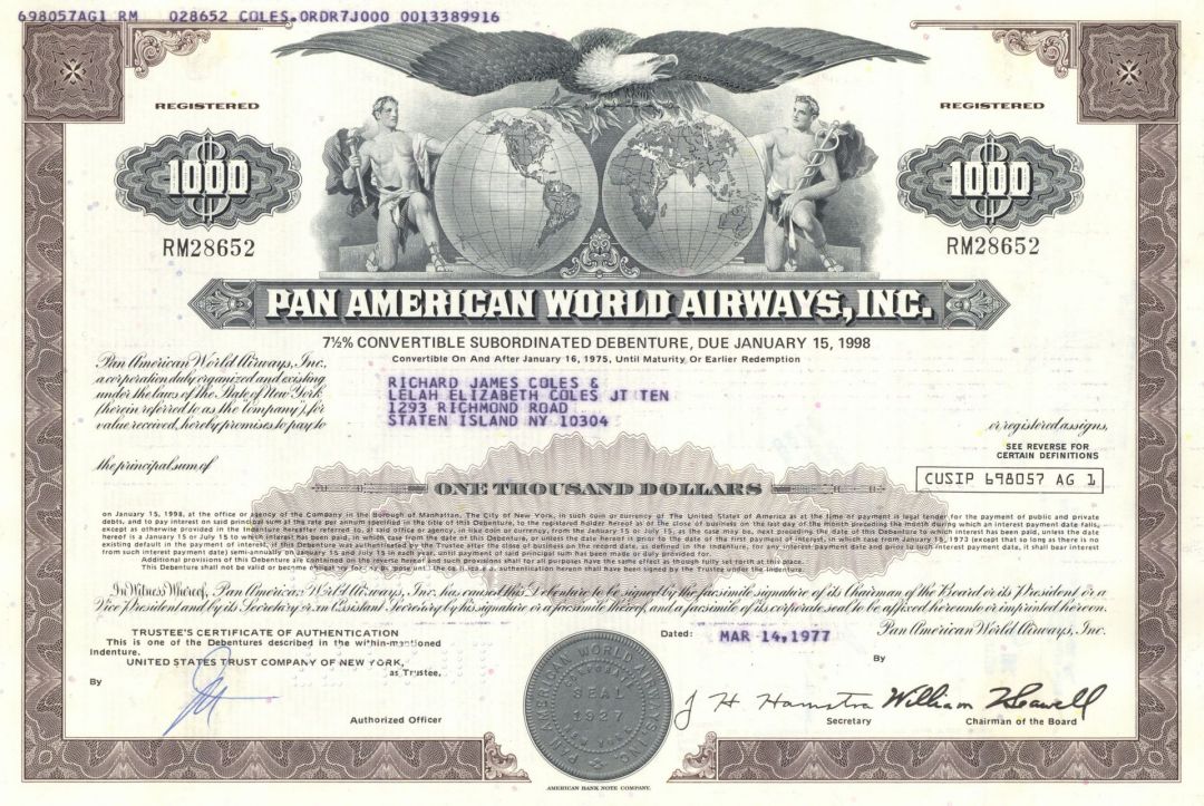 Pan American World Airways, Inc. - Aviation Bond - Very Historic Airline Company