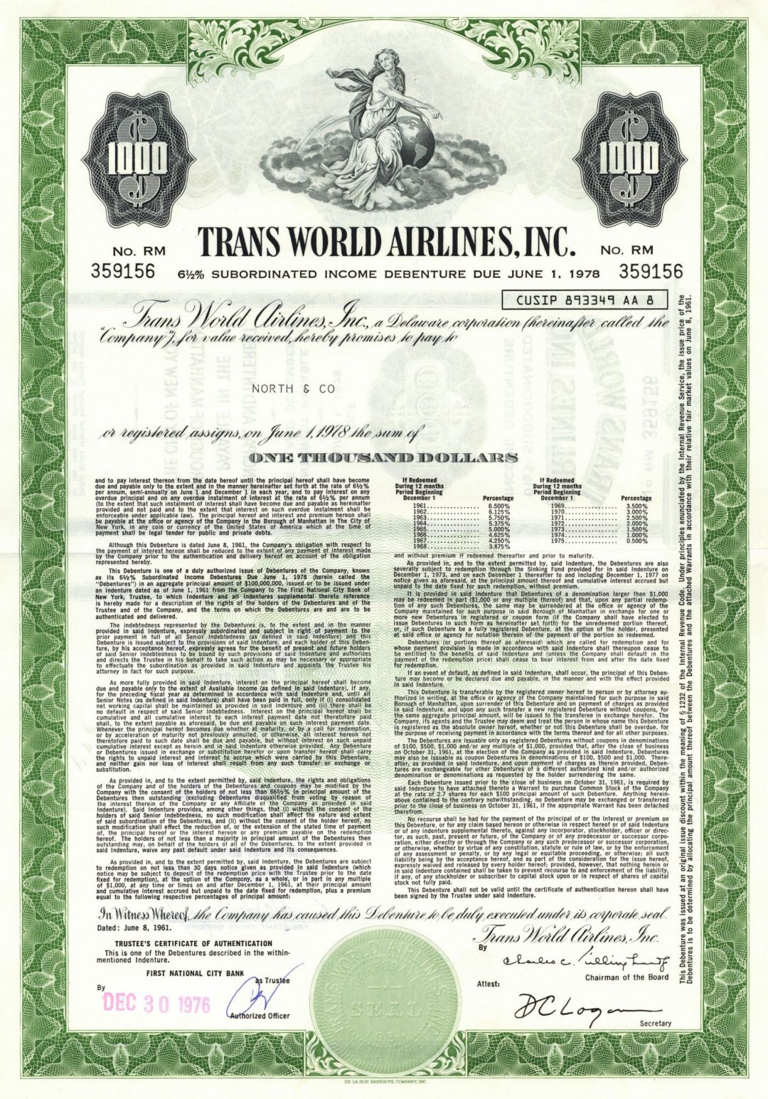Trans World Airlines, Inc. - Commercial Airline Co. $1,000 Bond - Aviation