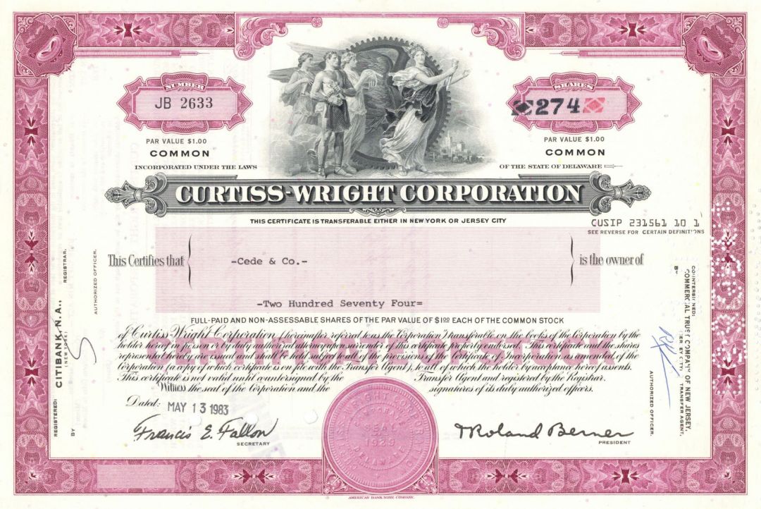 Curtiss-Wright Corporation - 1980's dated Aviation Stock Certificate