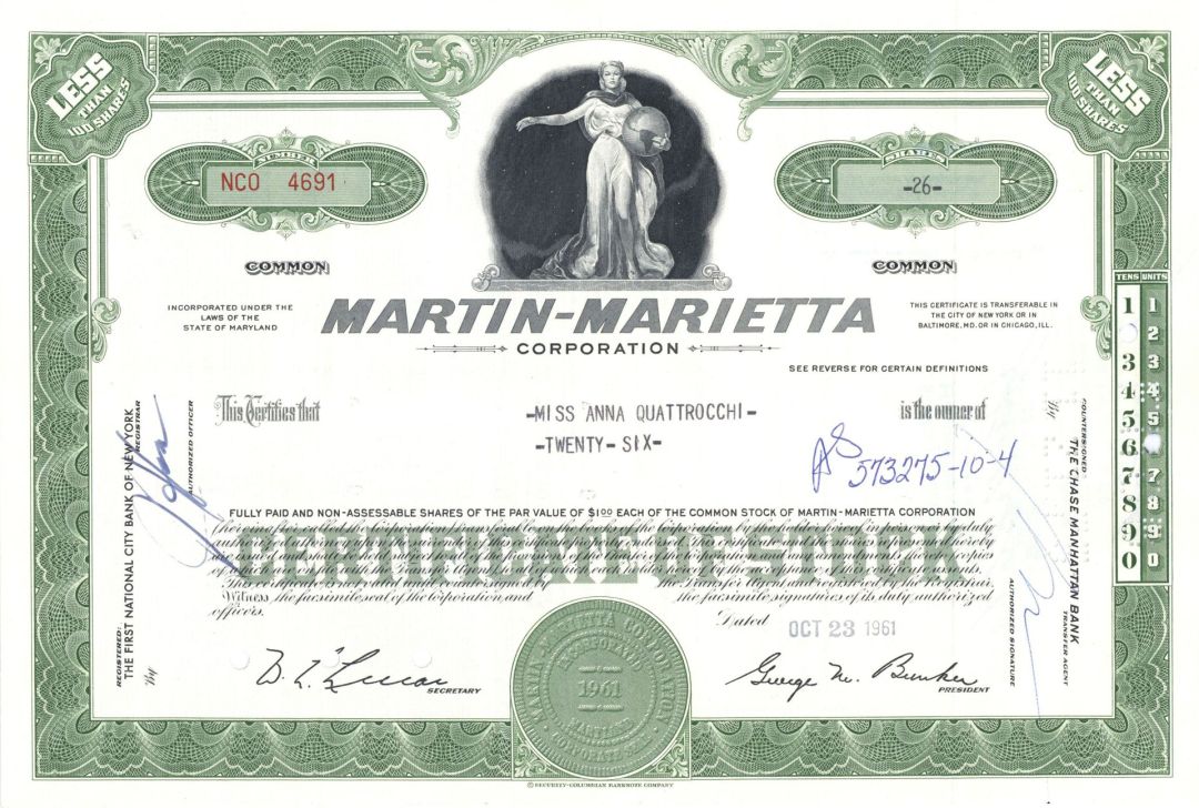 Martin Marietta Corporation - 1960's-70's dated Aviation Stock Certificate - Has Become a Very Scarce Type