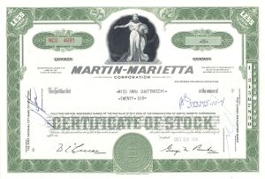 Martin Marietta Corporation - 1960's-70's dated Aviation Stock Certificate - Has Become a Very Scarce Type