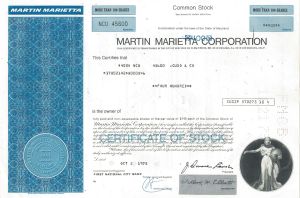 Martin Marietta Corp. - 1970's dated Aviation Stock Certificate - Merger of Glenn L. Martin Company and American-Marietta Corporation