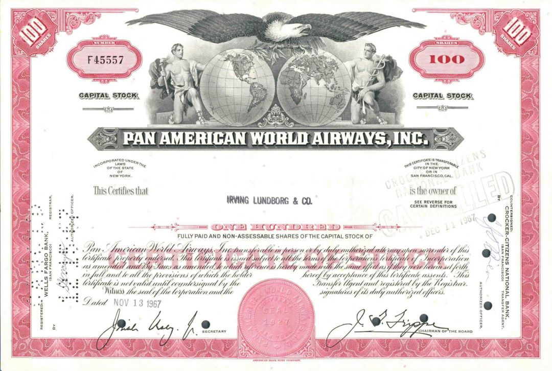 Pan American World Airways, Inc. - PANAM - 1950's-70's dated Aviation Stock Certificate - Commercial Airline Company