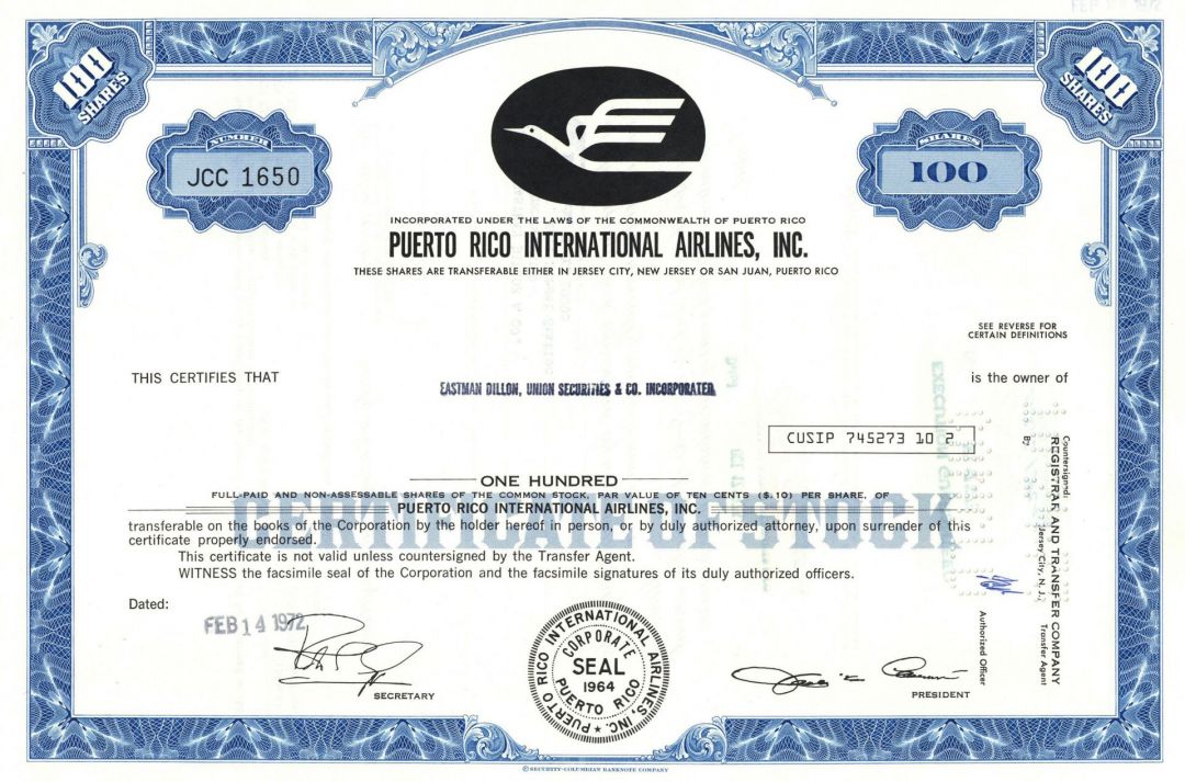 Puerto Rico International Airlines, Inc. - 1970's dated Aviation Stock Certificate - Available in Blue, Orange or Green