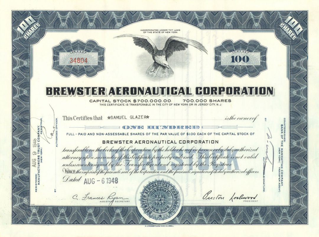 Brewster Aeronautical Corporation - 1948 dated Aviation Stock Certificate (Uncanceled)