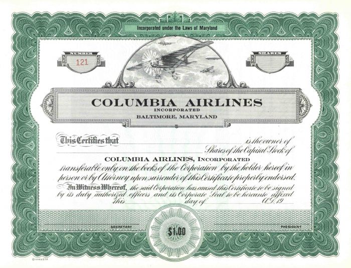 Columbia Airlines - Aviation Unissued Stock Certificate