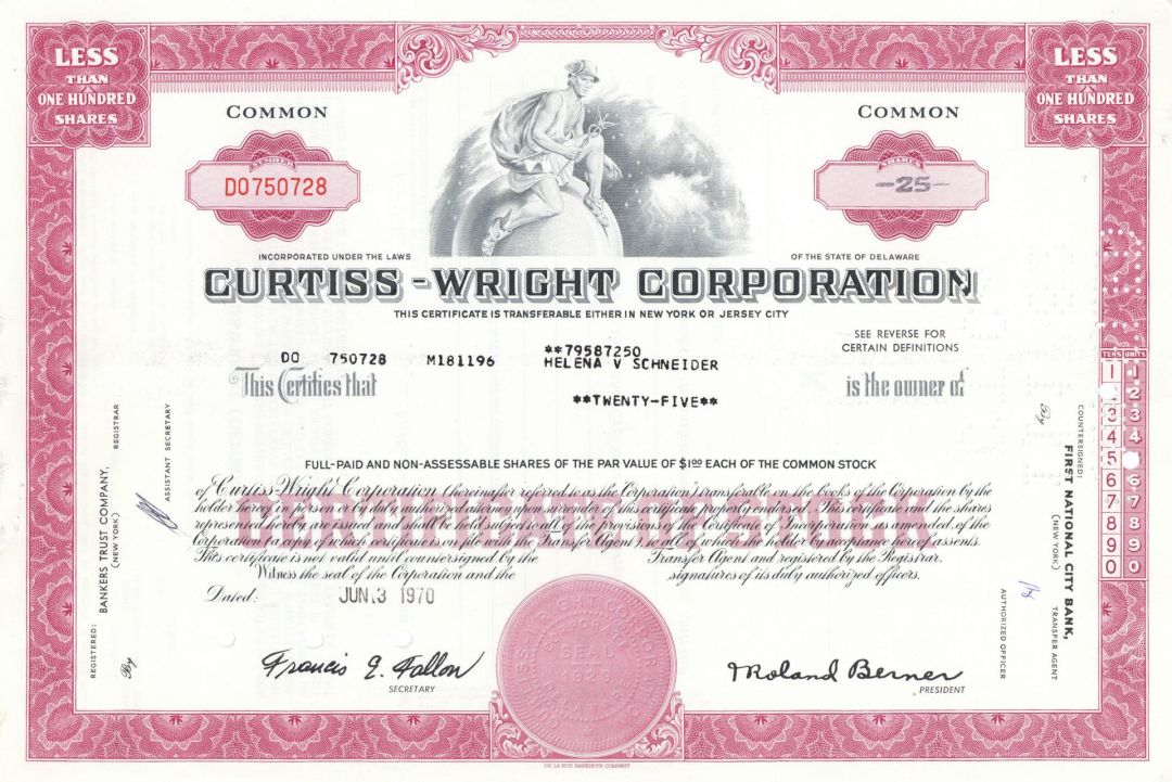 Curtiss-Wright Corporation - 1960's dated Aviation Stock Certificate