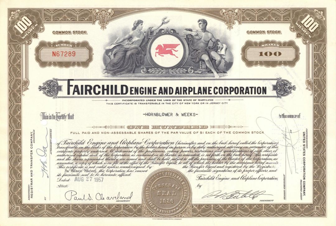 Fairchild Engine & Airplane Corporation - 1950's dated Aviation Stock Certificate