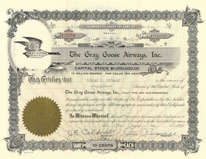 Gray Goose Airways Stock Certificate signed by the inventor Jonathan Edward Caldwell - Extraordinary History (Uncanceled)