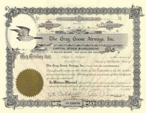 Gray Goose Airways Stock Certificate signed by the inventor Jonathan Edward Caldwell - Extraordinary History (Uncanceled)