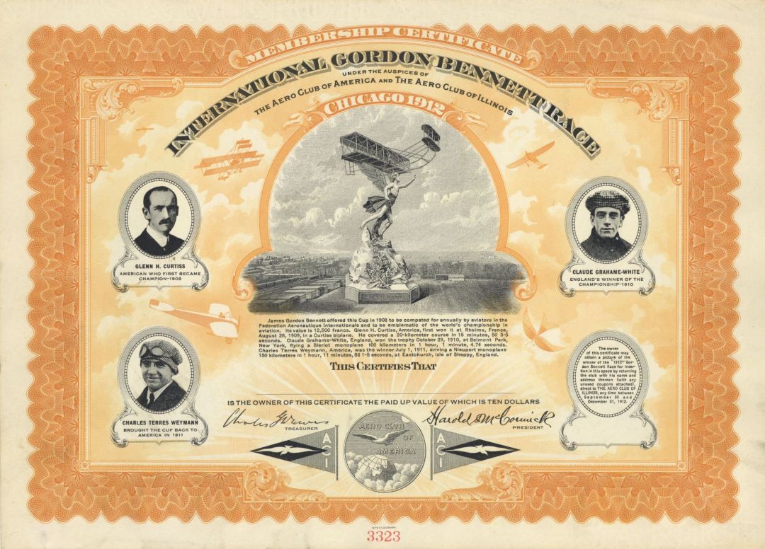 International Gordon Bennett Race - 1912 dated Aviation Membership Certificate - Aeroplane Contest - Mentions Charles Terres Weymann, Glenn H. Curtiss & Claude Grahame-White