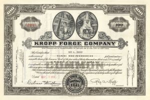 Kropp Forge Co. - Issued and signed by Roy A. Kropp - 1940's-60's dated Autograph Stock Certificate