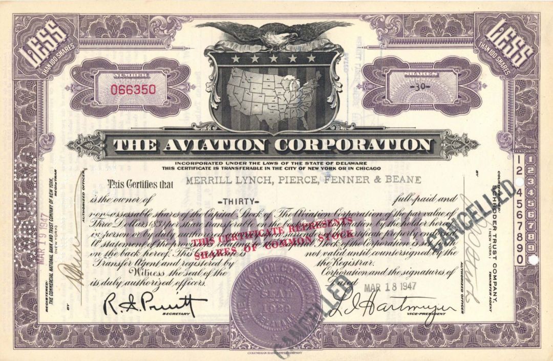 Aviation Corporation - 1935-1947 dated Stock Certificate