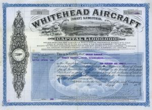 Whitehead Aircraft Limited - Gorgeous Biplane Vignette - 1918 dated Aviation Stock Certificate