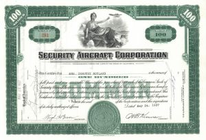 Security Aircraft Corporation - Aviation Stock Certificate - also known as Security National Aircraft Corporation