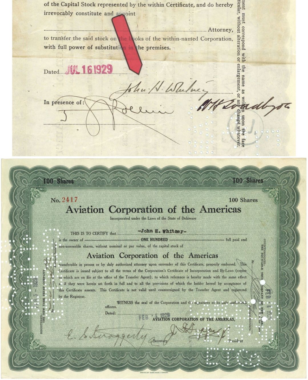 Aviation Corporation of the Americas Stock signed by Juan Trippe and John Hay Whitney - 1929 dated Aviation Autograph Stock Certificate