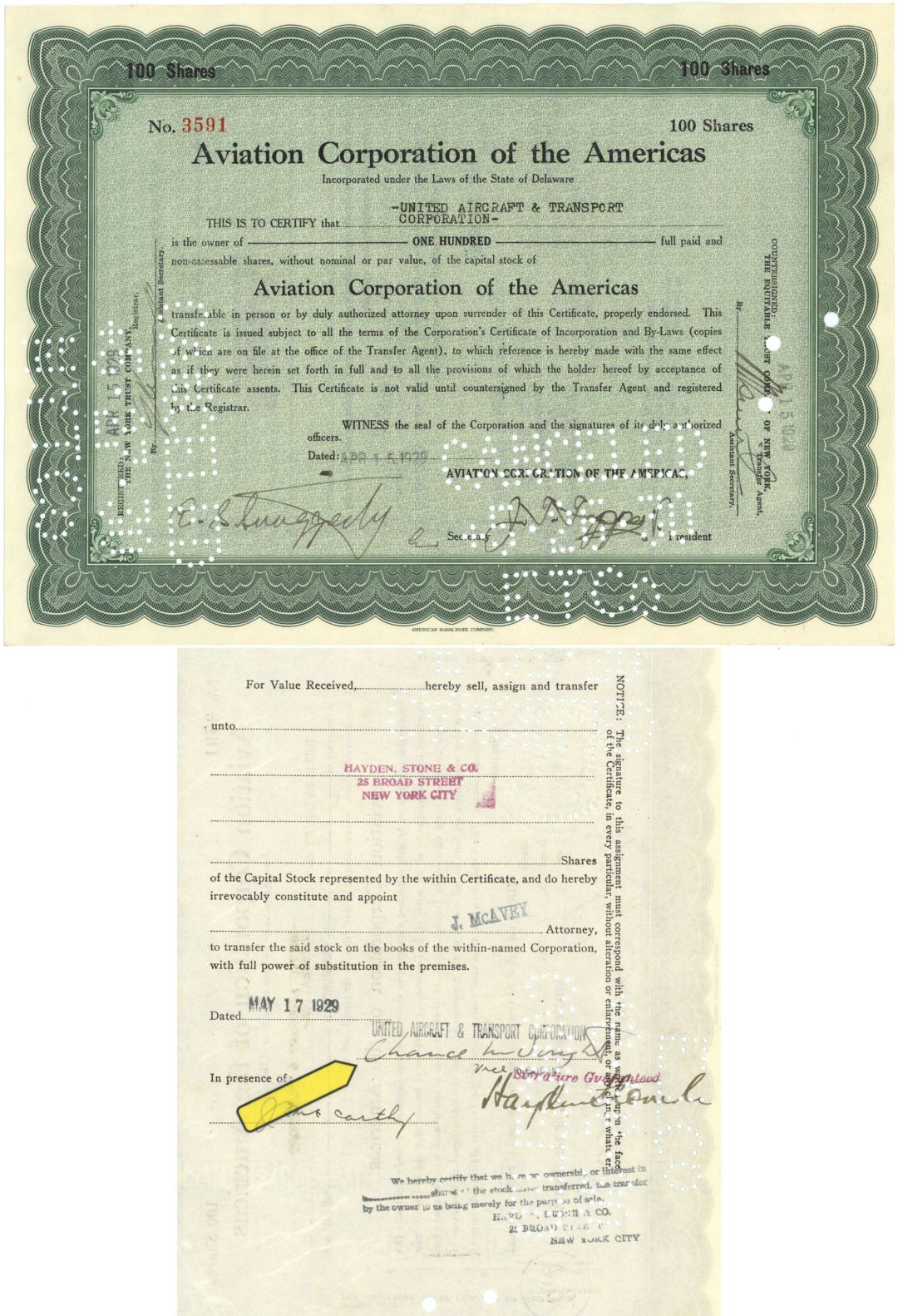 Aviation Corporation of the Americas Stock signed by Juan Trippe and Chance Vought - 1929 dated Aviation Autograph Stock Certificate