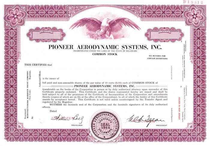 Pioneer Aerodynamic Systems, Inc. - Specimen Stock Certificate