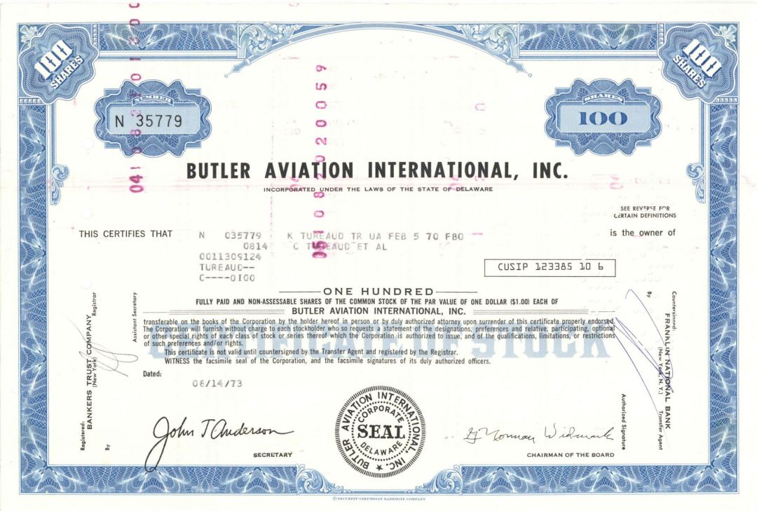 Butler Aviation International, Inc. - 1973 dated Stock Certificate