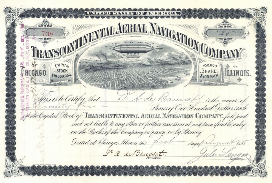 Transcontinental Aerial Navigation Co. - 1888 dated Aviation Stock Certificate - Incredible Vignette