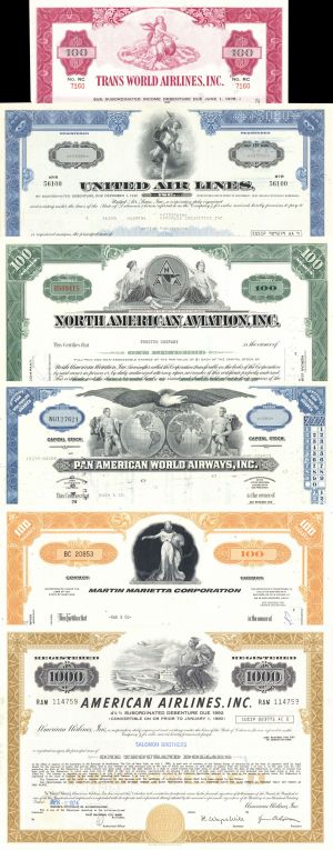 Aviation Collection of 6 Stocks & Bonds - 1960's-70's dated Airlines and More - Set of 6 Different Stocks and Bonds