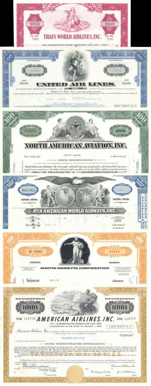 Aviation Collection of 6 Stocks & Bonds - Dated Through the 1960's-70's Airlines and More - Set of 6 Different Stocks and Bonds