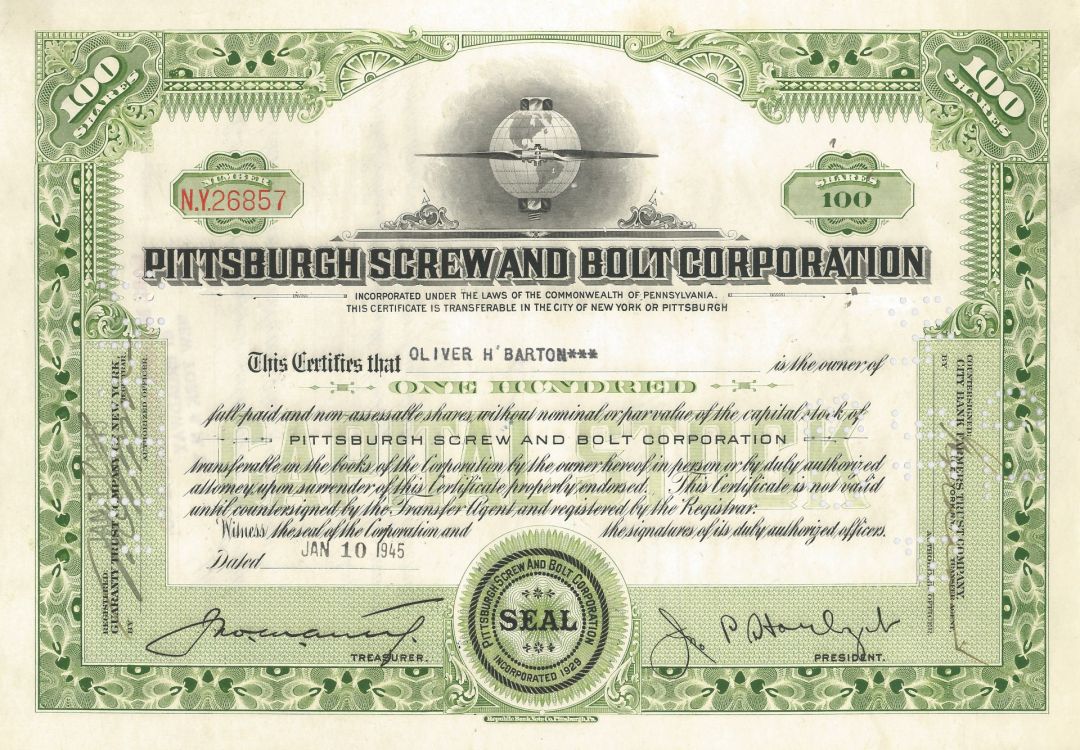 Pittsburgh Screw and Bolt Corporation - 1945 dated Stock Certificate