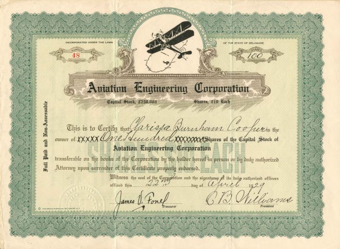 Aviation Engineering Corporation - Stock Certificate