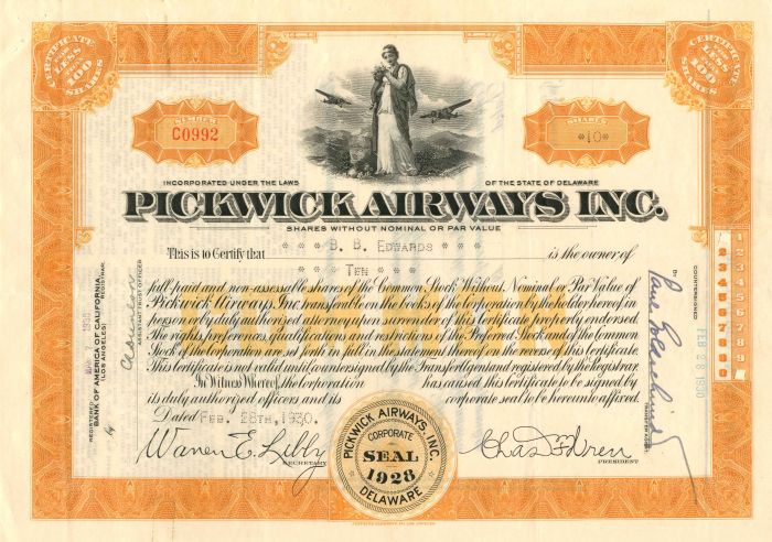 Pickwick Airways Inc. - Stock Certificate