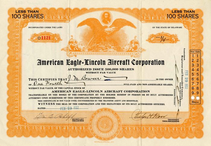American Eagle=Lincoln Aircraft Corporation - Stock Certificate
