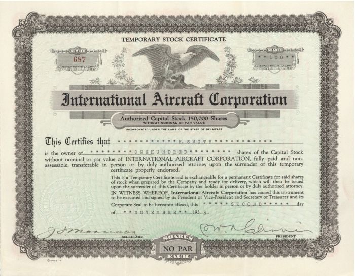 International Aircraft Corporation - Stock Certificate