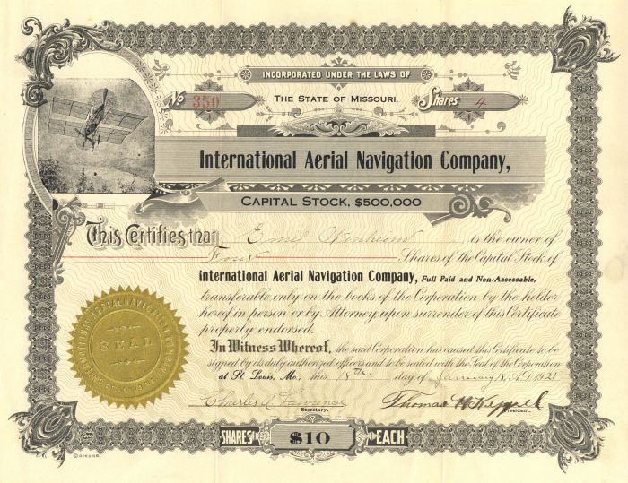 International Aerial Navigation Co. - Aviation Stock Certificate - Awesome Vignette