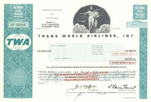 Trans World Airlines, Inc. (TWA) - Aviation Stock Certificate - Famous Commercial Airline dated 1970's-80's