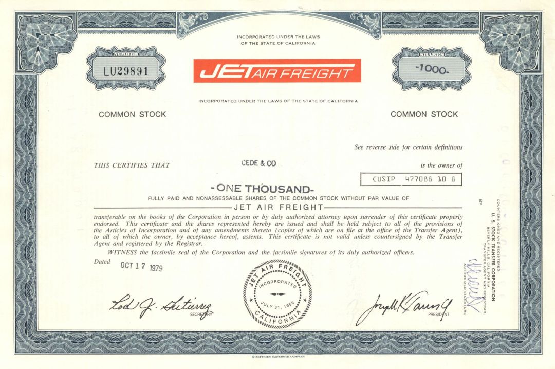 Jet Air Freight - 1979 dated Aviation Stock Certificate