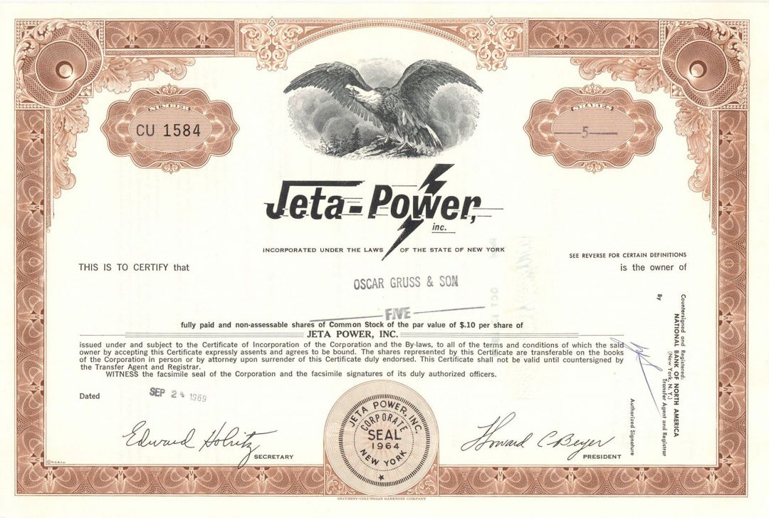 Jeta-Power, Inc. - 1969 or 1970 dated Stock Certificate