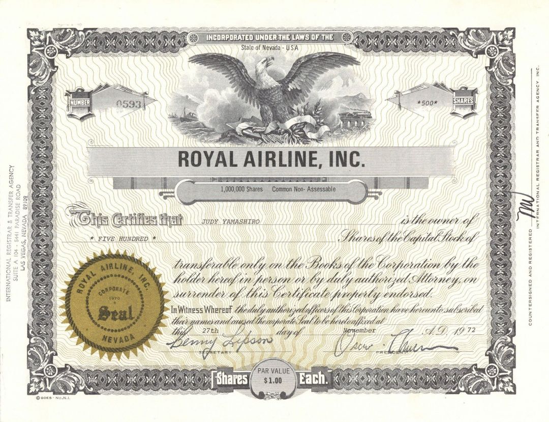 Royal Airline, Inc. - 1970's dated Aviation Stock Certificate